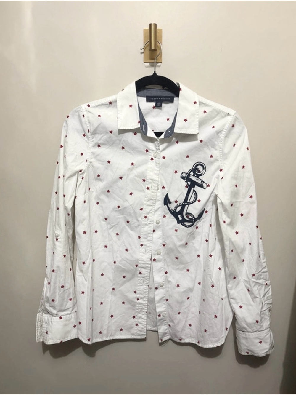 Tommy Hilfiger White Button-Down Shirt with Red Star Print and Navy Anchor